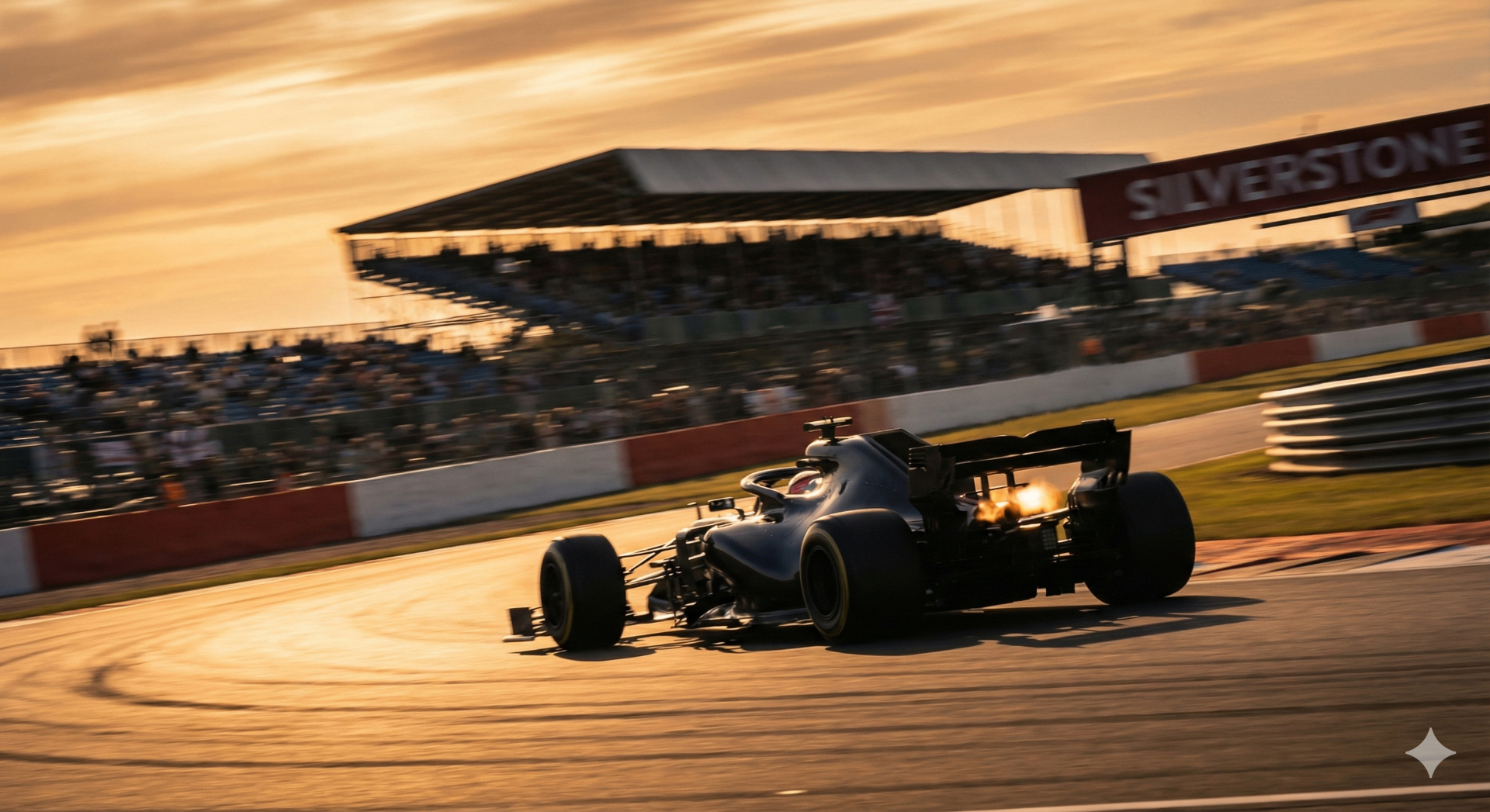 Formula 1 car racing through a corner at Silverstone Circuit at sunset with packed grandstands